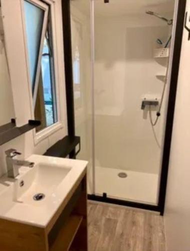 une salle de bain avec un lavabo et une douche dans l'établissement MOBIL-HOME 3CH 34 m2 à SAINT-CYPRIEN, à Saint-Cyprien
