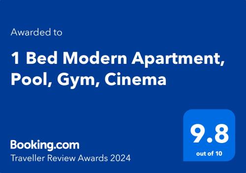 a screenshot of a cell phone with the text i bed modern equipmentpod g at 1 Bed Modern Apartment, Pool, Gym, Cinema in Lahore