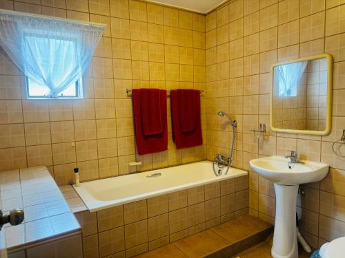 a bathroom with a sink and a bath tub and a sink at Busa House in White River