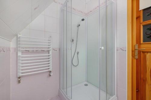 y baño con ducha y puerta de cristal. en Apartament Jaszczurówka, en Zakopane