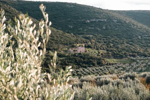 a view of a hill with a house in the distance at Elaia Rest House Retreat in nature in Fréngaina