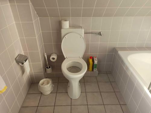 a bathroom with a toilet and a bath tub at Ferienhaus Friesenrose 45237 in Ditzum