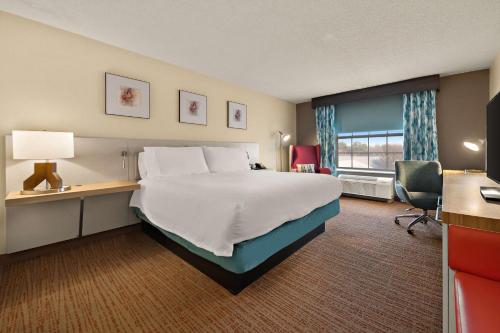 a hotel room with a large bed and a desk at Hilton Garden Inn Williamsburg in Williamsburg