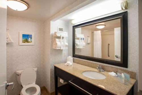 a bathroom with a sink and a toilet and a mirror at Hampton Inn Pensacola-Airport in Pensacola