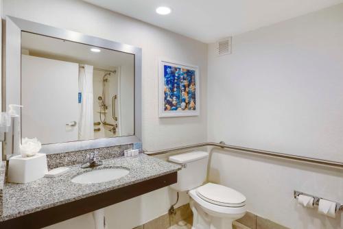 a bathroom with a toilet and a sink and a mirror at Hampton Inn Mobile-I-10/Bellingrath Gardens in Tillmans Corner