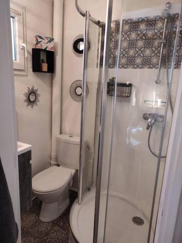une petite salle de bain avec toilettes et douche dans l'établissement Charmante maison de village provençale 85 m2, à Aix-en-Provence