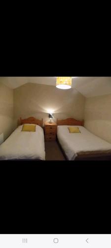 ein Schlafzimmer mit 2 Betten und einer Lampe an der Wand in der Unterkunft Clonard Cottage in Clonard