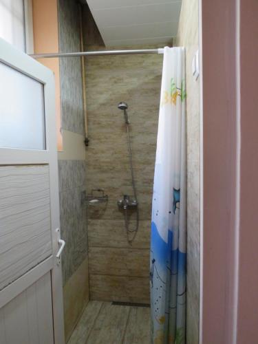 a bathroom with a shower with a shower curtain at Hostel Jan in the very center in Yerevan