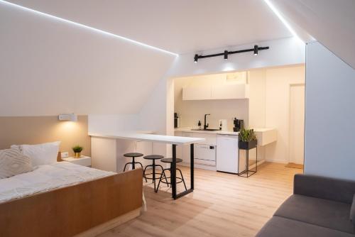 Il comprend un salon et une cuisine avec un canapé et une table. dans l'établissement Hamburg Apartment für bis zu 4 Personen, à Hambourg