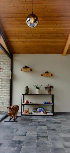 a dog standing in a room with a table at Lianko - Vakantiewoning in Bekkevoort