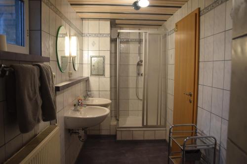 a bathroom with a sink and a shower at Ferienwohnung Bergblick in Amtzell