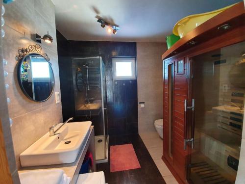 a bathroom with a sink and a shower and a toilet at Holiday Home Modrzewiowy Zakątek by Interhome in Smołdziński Las