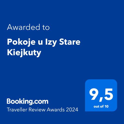 a blue phone screen with the text awarded to pocket u ivy share kitt at Pokoje u Izy Stare Kiejkuty in Szczytno