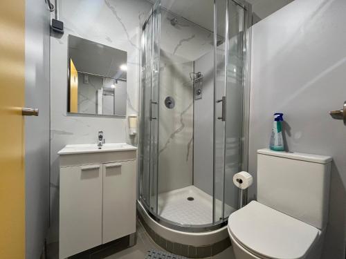 uma casa de banho com um chuveiro, um WC e um lavatório. em Hostel del Templo de Debod em Madrid