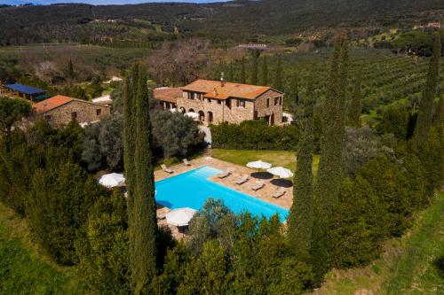 an aerial view of a villa with a swimming pool and trees at Tenuta Il Cicalino in Massa Marittima