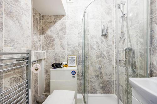 a bathroom with a shower and a toilet and a sink at London Bridge 2 Bed Apartment - Sleeps 3 in London