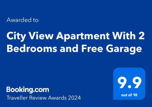 un panneau bleu indiquant la vue sur la ville, un appartement avec chambres et un garage gratuit dans l'établissement City View Apartment With 2 Bedrooms and Free Garage, à Blagoevgrad