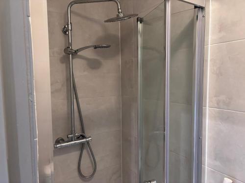 ducha con puerta de cristal y cabezal de ducha en Romford Cosy Studio Flat, en Havering atte Bower