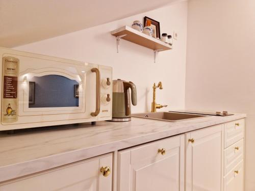 a kitchen with a microwave above a sink at AIRPORT APARTMENS President and Black&White in Velika Gorica