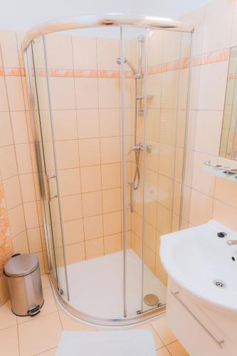 a shower with a glass door in a bathroom at Kavárna a penzion REICHL in Králíky