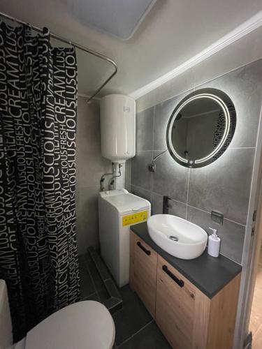 een badkamer met een toilet, een wastafel en een spiegel bij OneDay in Verkhovyna