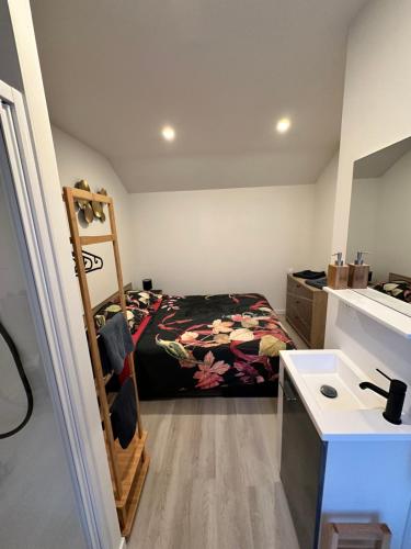 een kleine kamer met een bed en een wastafel bij Chez FanF & Nanie in Isigny-sur-Mer