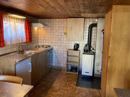 een kleine keuken met een wastafel en een koelkast bij Chalet Alphütte in Rosswald