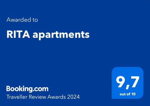 Un certificat, premiu, logo sau alt document afișat la RITA apartments