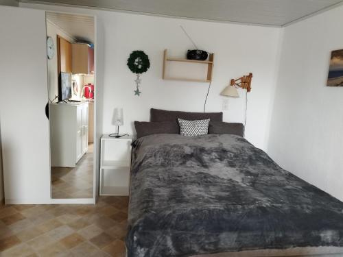 a bedroom with a large bed in a room at FeWo 3 mit Terrasse, Box-Bett, kl extra Zi mit Einzelbett, Tresor in Dahme