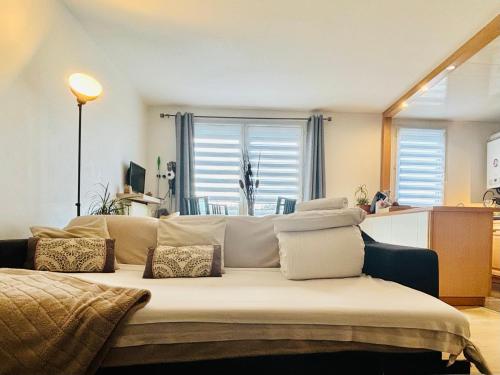 ein Wohnzimmer mit einem Sofa mit Kissen darauf in der Unterkunft Beautiful Apartment Disneyland in Saint-Thibault-des-Vignes