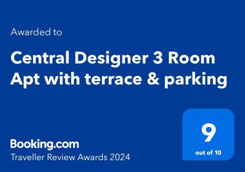 Et logo, certifikat, skilt eller en pris der bliver vist frem på Central Designer 3 Room Apt with terrace & parking