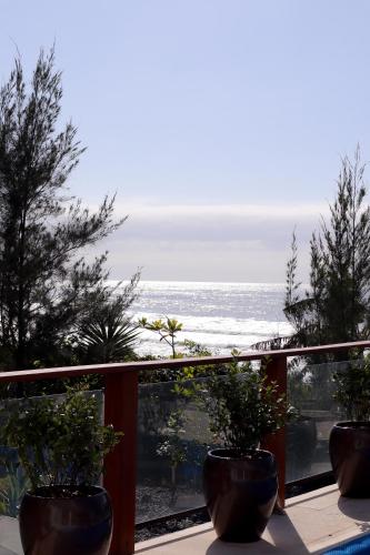 a balcony with three potted plants and the ocean at Casa Cancun Hotel Boutique & Eventos in Penha