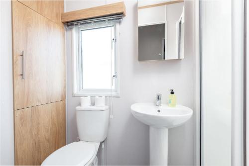 a bathroom with a toilet and a sink and a window at Lodge 13 The Silverdale Close to St Andrews in Strathkinness