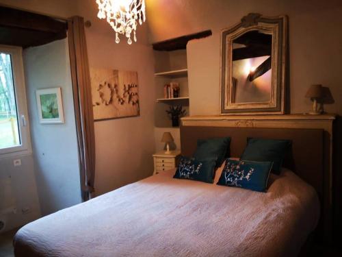 een slaapkamer met een groot bed en een grote spiegel bij Maison climatisée avec jacuzzi à 10 min de Sarlat in Sarlat-la-Canéda
