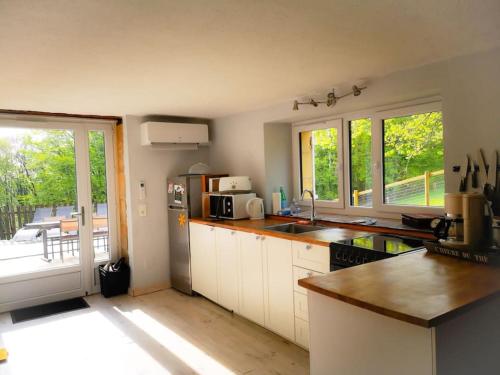 een keuken met een koelkast en een tafel met een patio bij Maison climatisée avec jacuzzi à 10 min de Sarlat in Sarlat-la-Canéda