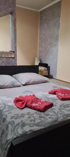 twee rode handdoeken zitten op een bed bij Inn Alibi in Khorodelets