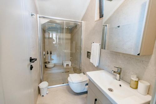 La salle de bains est pourvue d'une douche, de toilettes et d'un lavabo. dans l'établissement Villa Ersan 2, à Kaş