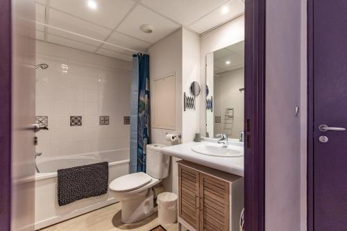 une salle de bain avec toilettes, lavabo et baignoire dans l'établissement Tithome 2 - Gare, centre ville, vue montagne et château, à Lourdes