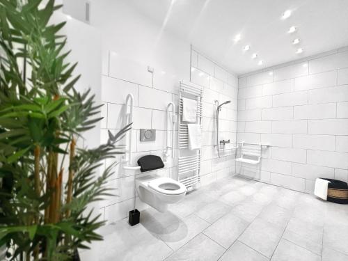 a white bathroom with a toilet and a shower at LeNi Living - Riesig! Repräsentativ! Ruhig! in Munich