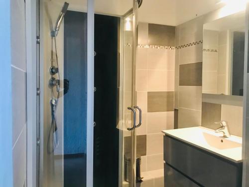 une salle de bain avec douche et lavabo dans l'établissement Appartement PORTO 35 Lumio, à Lumio