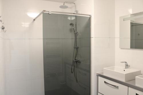 y baño con ducha y puerta de cristal. en Anglet/ Chambre d'amour-Chiberta -Plages & Golf, en Anglet