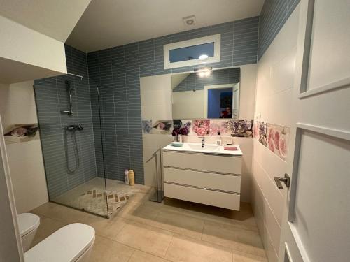 een badkamer met een douche, een wastafel en een toilet bij Casa de diseño con jardín cerca de Córdoba in San Sebastián de los Ballesteros