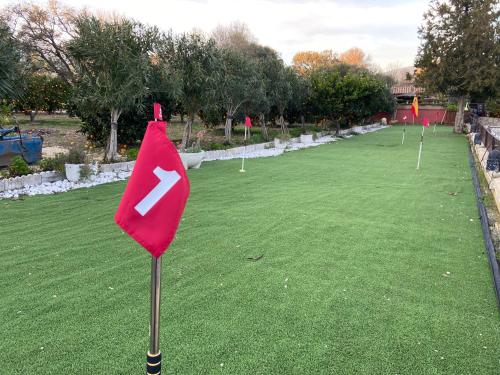 a red flag on a pole in a field of grass at FINCA ALMAZARA in San Pablo