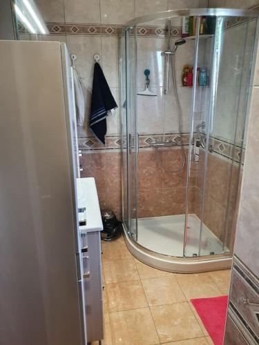 une douche avec une porte vitrée dans une salle de bain dans l'établissement Maison Sainte Cécile proche plage et commerces, à Camiers