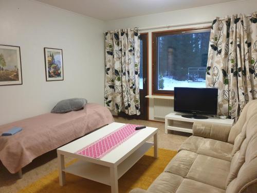 sala de estar con sofá y TV en Saunallinen rivitalohuoneisto A1 59m2, en Säviä