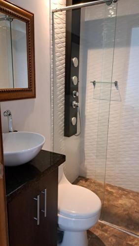 uma casa de banho com um WC, um lavatório e um chuveiro em Laureles 401 em Medellín