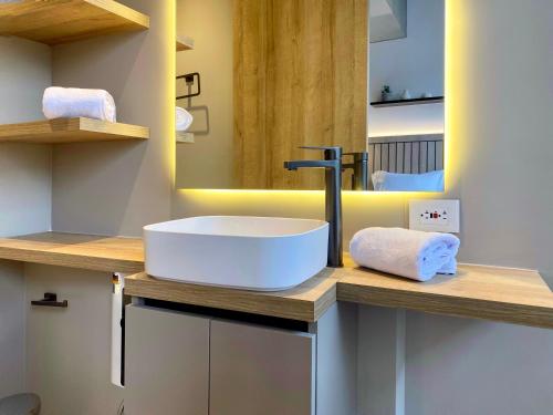 a bathroom with a white sink and a mirror at Wynwood House 100 in Bogotá