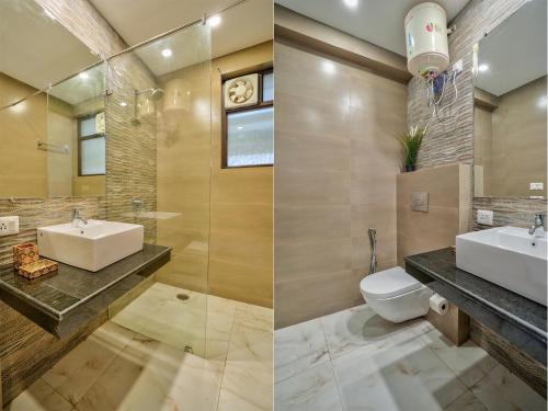 two images of a bathroom with a sink and a toilet at Premium 2BHK Apartment with pool at Candolim Beach in Candolim