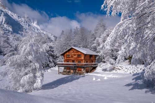 drewniany domek w śniegu z pokrytymi śniegiem drzewami w obiekcie Spacious family chalet with balcony and garden w Chamonix-Mont-Blanc