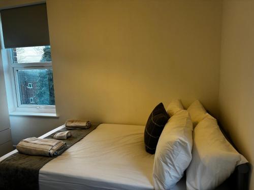 1 dormitorio con cama con almohadas y ventana en Orionn Place en Nottingham
